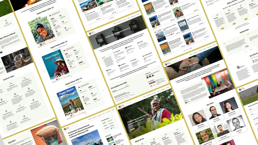 Sustainable website design of the social enterprise Humanity Research Consultancy website by Lucian Chevallier from Lumin Web Design. The mock up shows multiple website pages including a homepage, publications and about page.