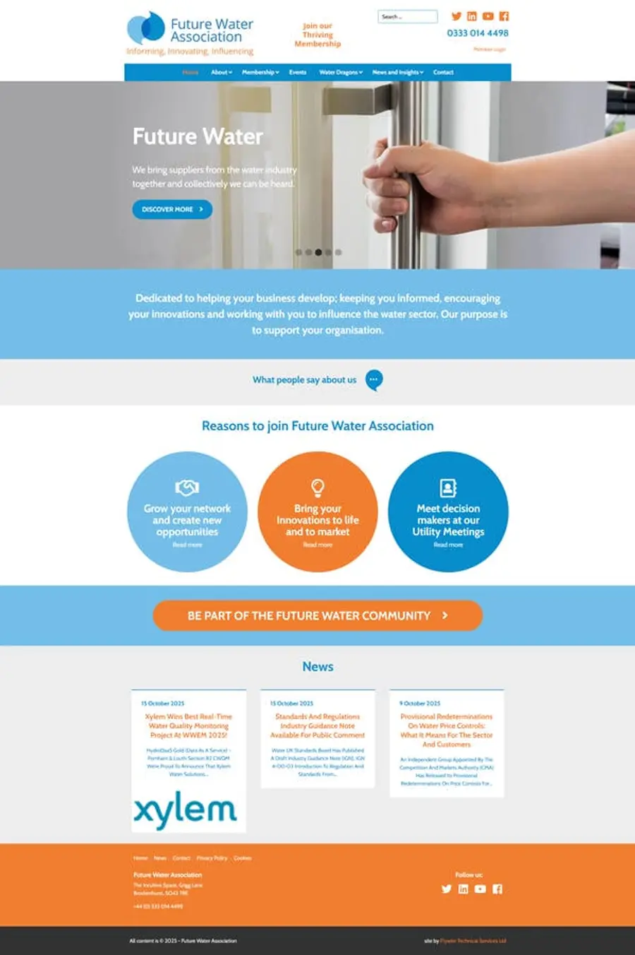 A screenshot of Future Water Association's old homepage before redesigned by Lumin, showing several website sections with a washed out colour palette and clunky layout.
