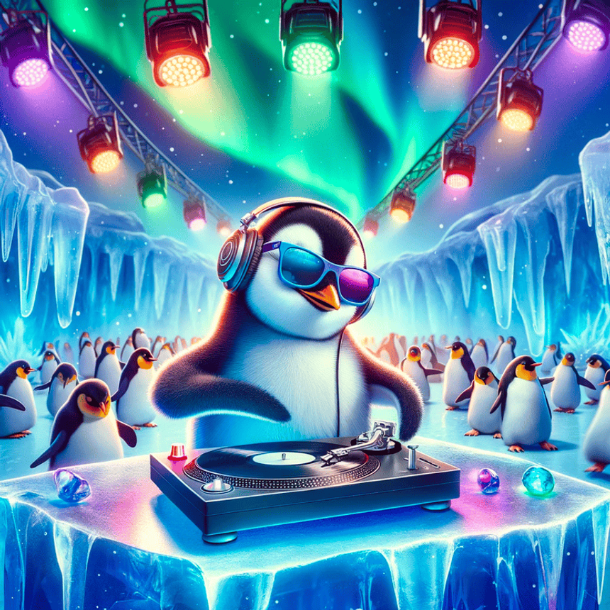 A penguin djing at a party made by generative AI