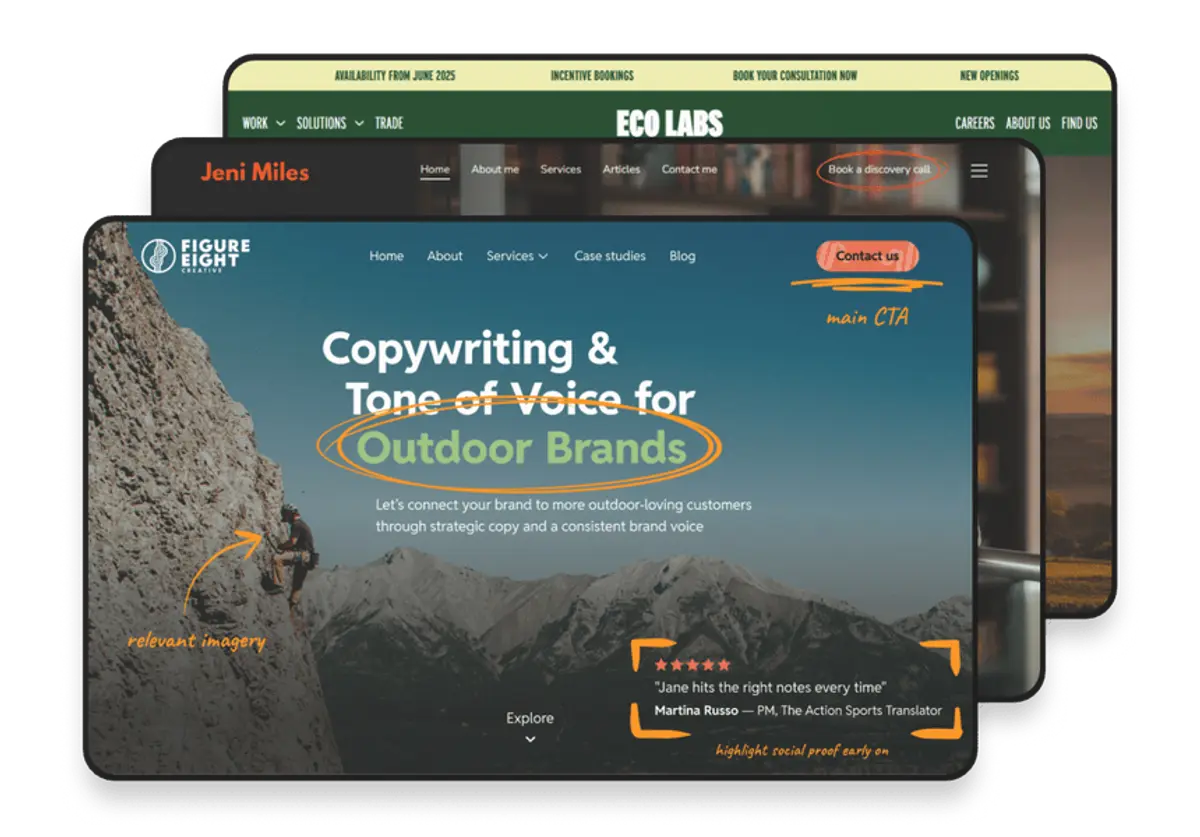 3 website hero sections showing the website designs of similar brand-aligned businesses.
