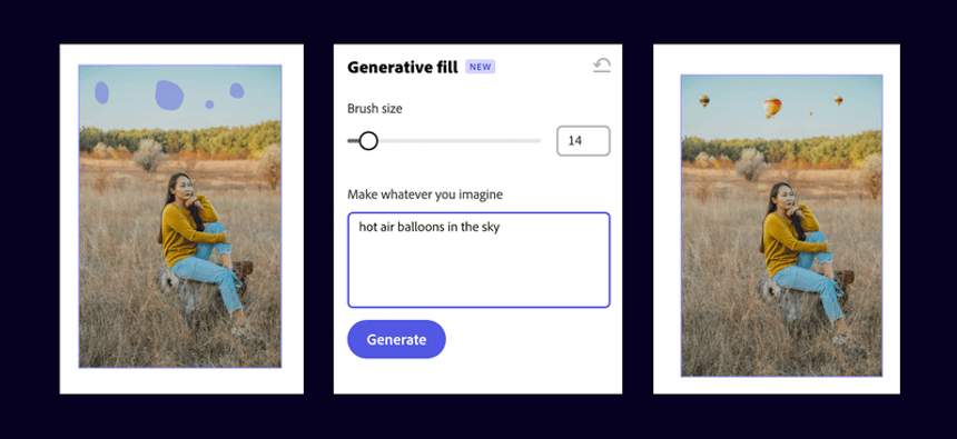 The UI of generative fill being used in Adobe Photoshop to add hot ait balloons to the sky. The UI of generative fill being used in Adobe Photoshop to add hot ait balloons to the sky.