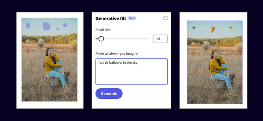 The UI of generative fill being used in Adobe Photoshop to add hot ait balloons to the sky.