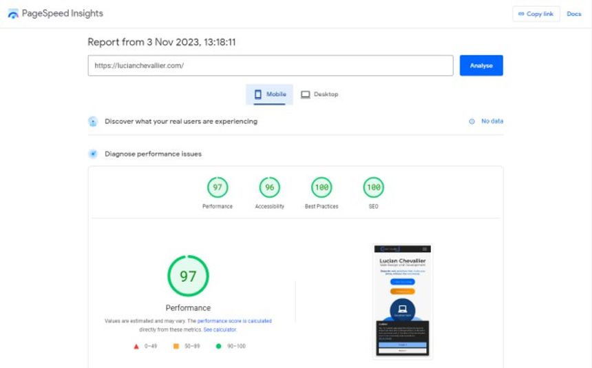 Google PageSpeed Insight results for Lucian Chevallier's website shoing a perfect score in all categories.