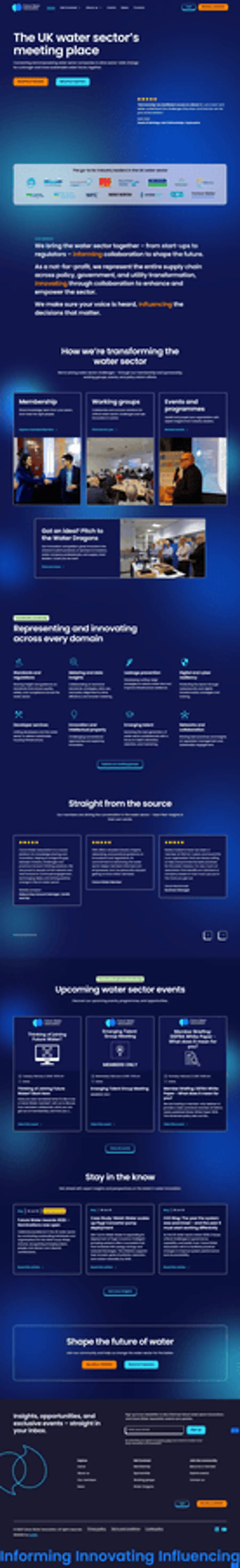 A modern, futuristic homepage design for Future Water Association showing a dark blue theme with circular glowing gradients and card layouts throughout.