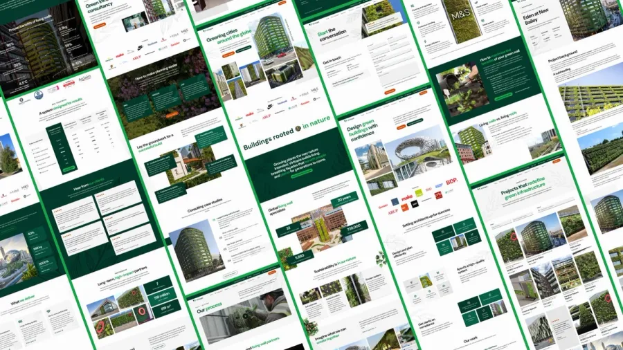 Website designs for Viritopia living walls, showing several page designs mocked up including the homepage, case studies, about page and service pages Website designs for Viritopia living walls, showing several page designs mocked up including the homepage, case studies, about page and service pages