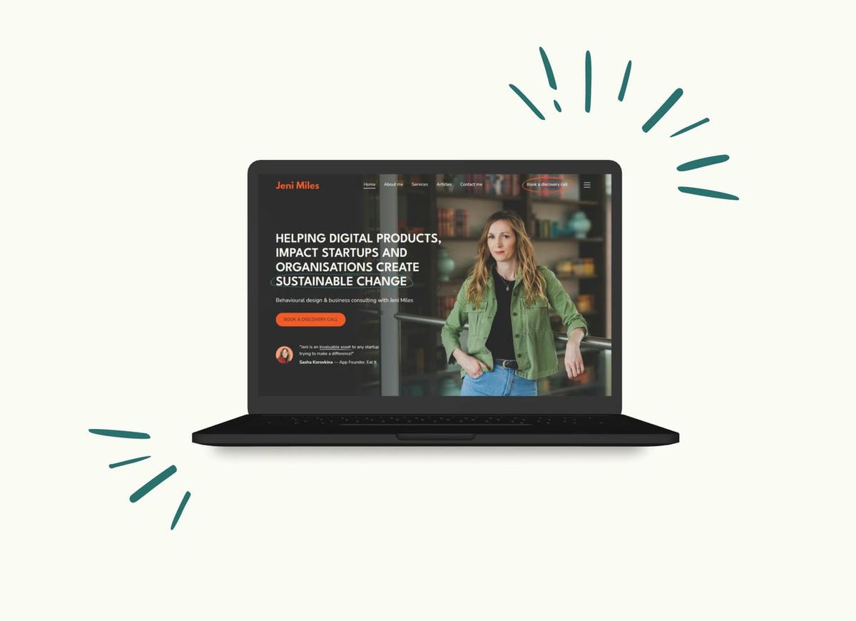 Website mockup of a laptop showing the hero section for the Jeni Miles website