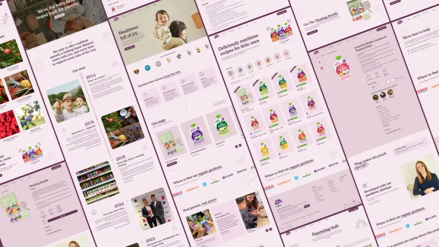 Website designs for the Little Freddie website showing zoomed out mockups of several pages showing the page designs for the baby food products and about the company