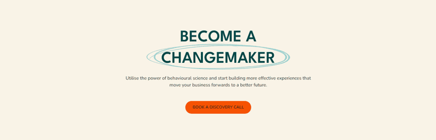 Call to action banner from jenimiles.com showing text "become a changemaker" with the word changemaker circled. Designs by Lucian Chevallier from Lumin.