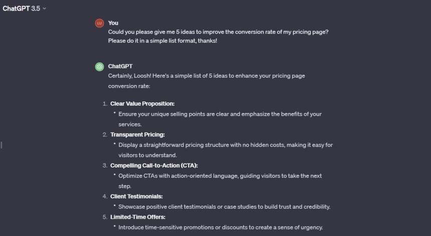 GPT 3.5 idea generation to improve the conversion rate of a website pricing page.