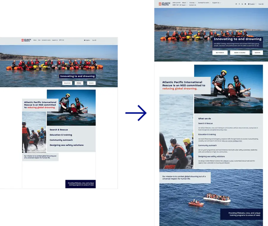 Two website homepage screenshots side by side showing the Atlantic Pacific homepage transformation