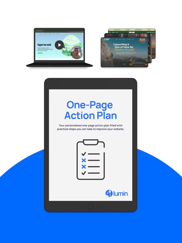 The Website Upgrade Kit bundle showing a one page action plan, a website audit recording and a stack of website hero designs for inspiration
