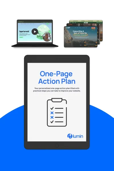 The Website Upgrade Kit bundle showing a one page action plan, a website audit recording and a stack of website hero designs for inspiration