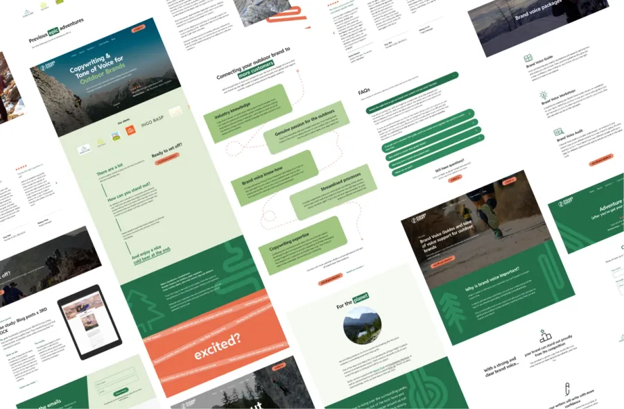 Sustainable website designs of the low-carbon Figure Eight Creative website, a copywriter for outdoor brands. Designs by Lucian Chevallier from Lumin