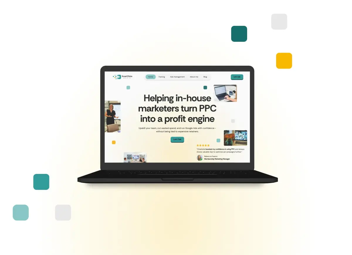 Website mockup of a laptop showing the hero section for the SmartClicks Media website