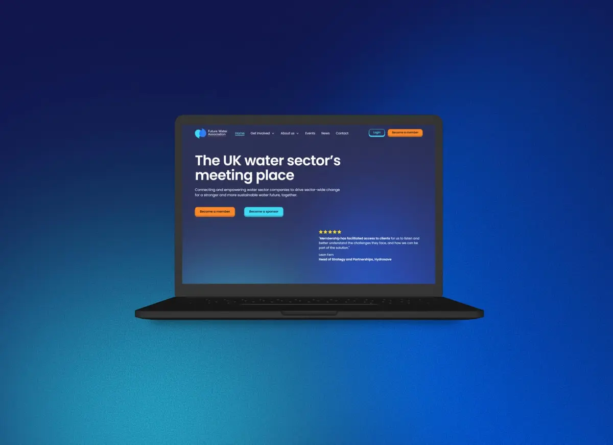 Website mockup of a laptop showing the hero section for the Future Water Association website
