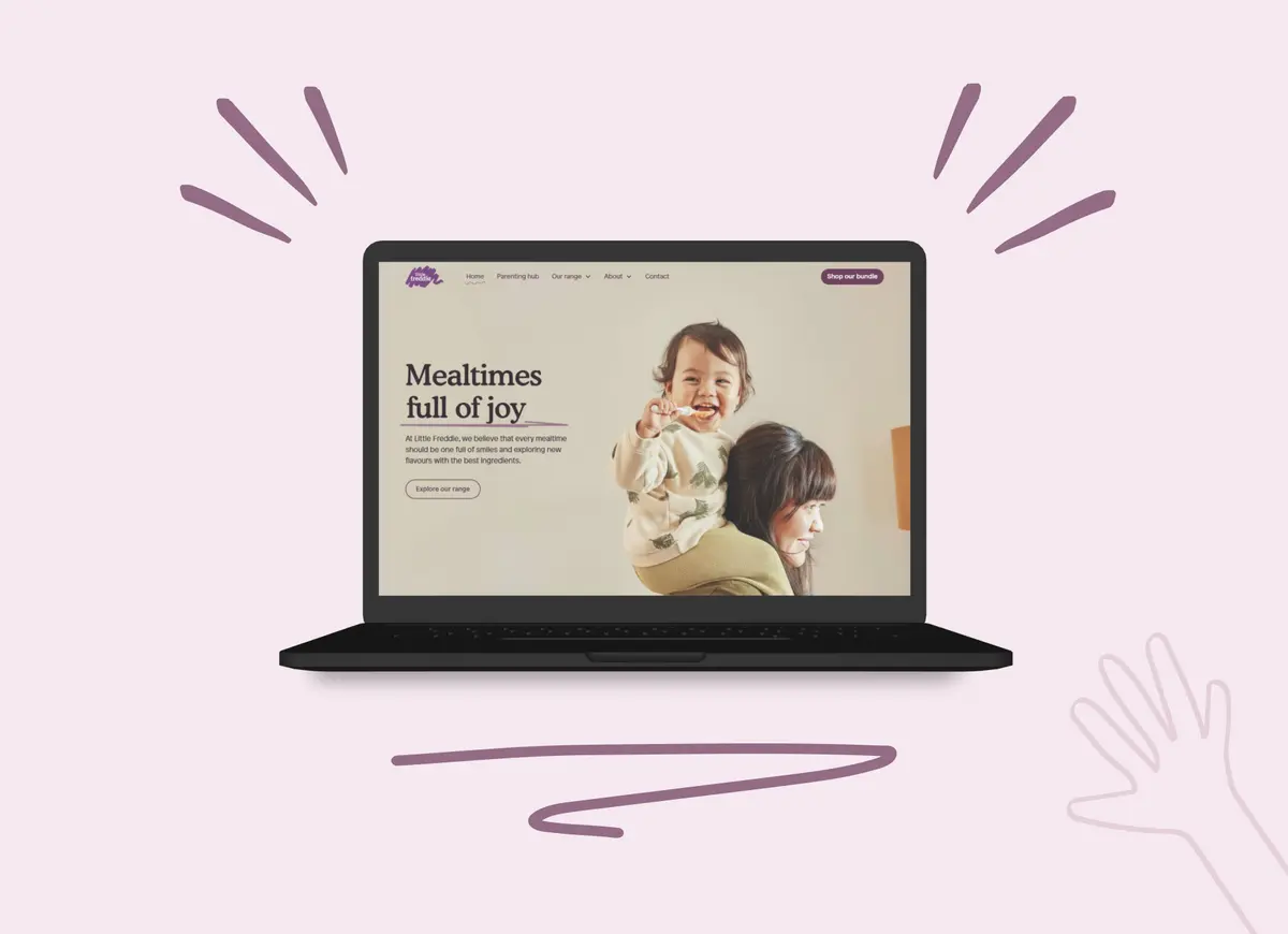 Website mockup of a laptop showing the hero section for the Little Freddie website