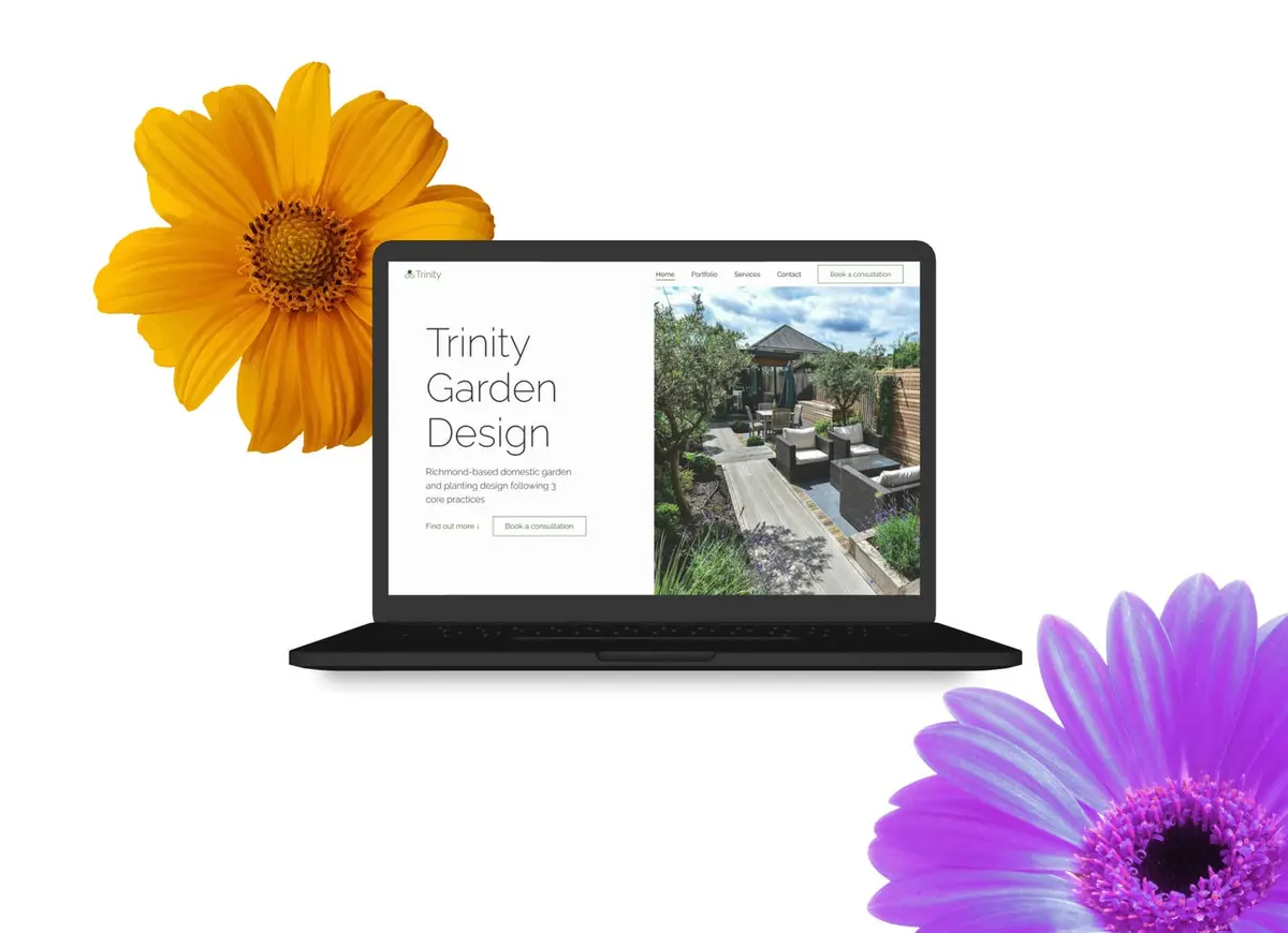 Website mockup of a laptop showing the hero section for the Trinity Garden Design website