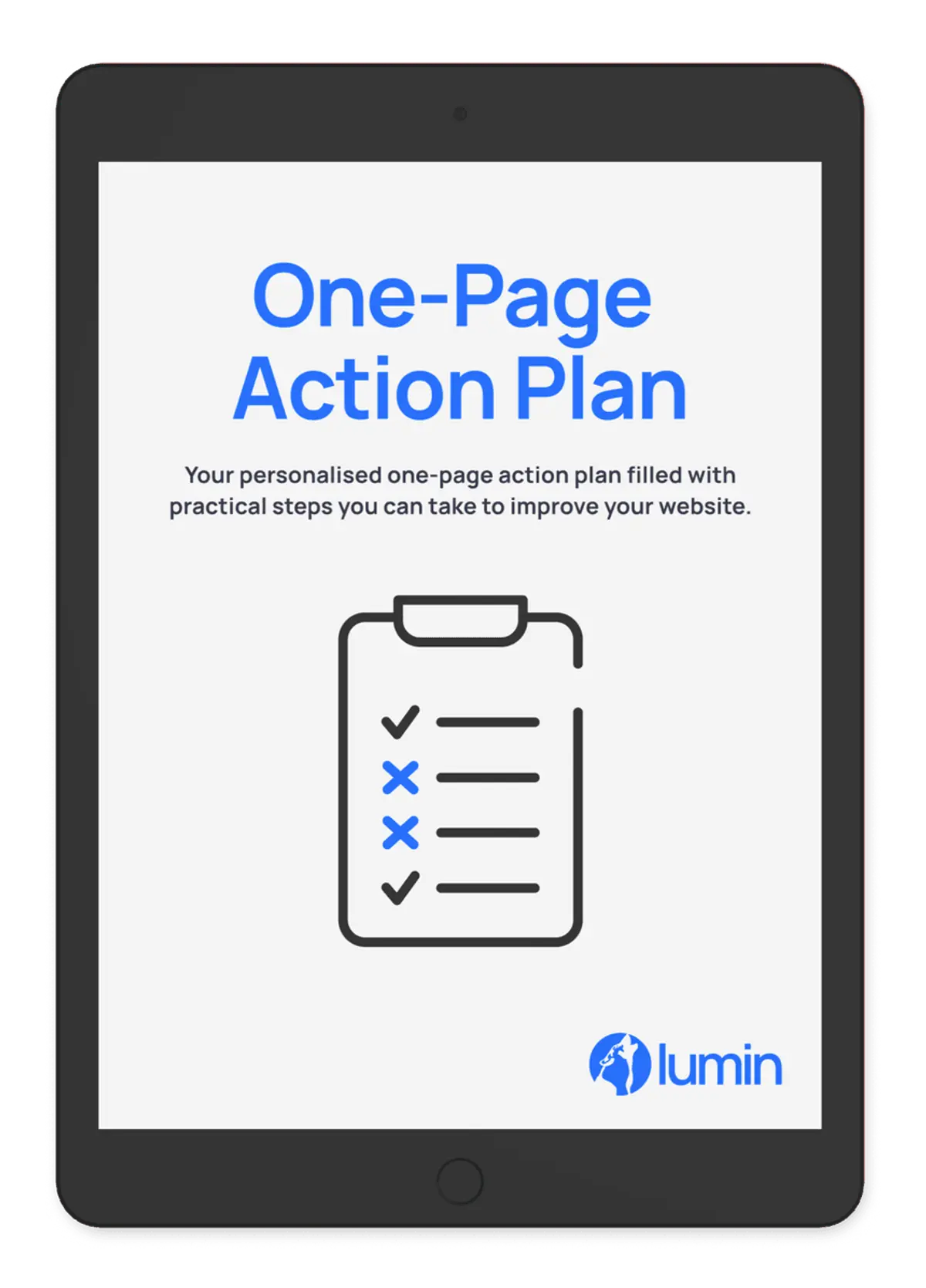 A tablet showing a one-page website action plan for website improvements based on the website audit.