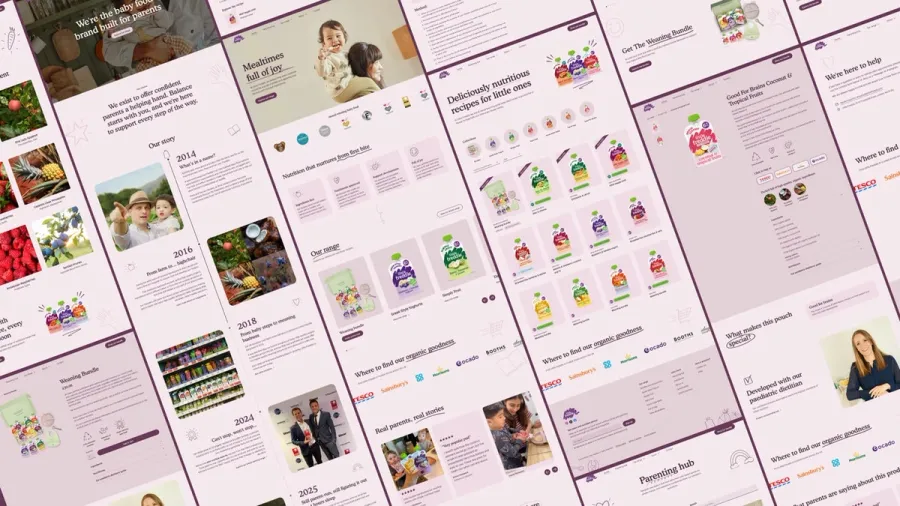 Website designs for the Little Freddie website showing zoomed out mockups of several pages showing the page designs for the baby food products and about the company Website designs for the Little Freddie website showing zoomed out mockups of several pages showing the page designs for the baby food products and about the company