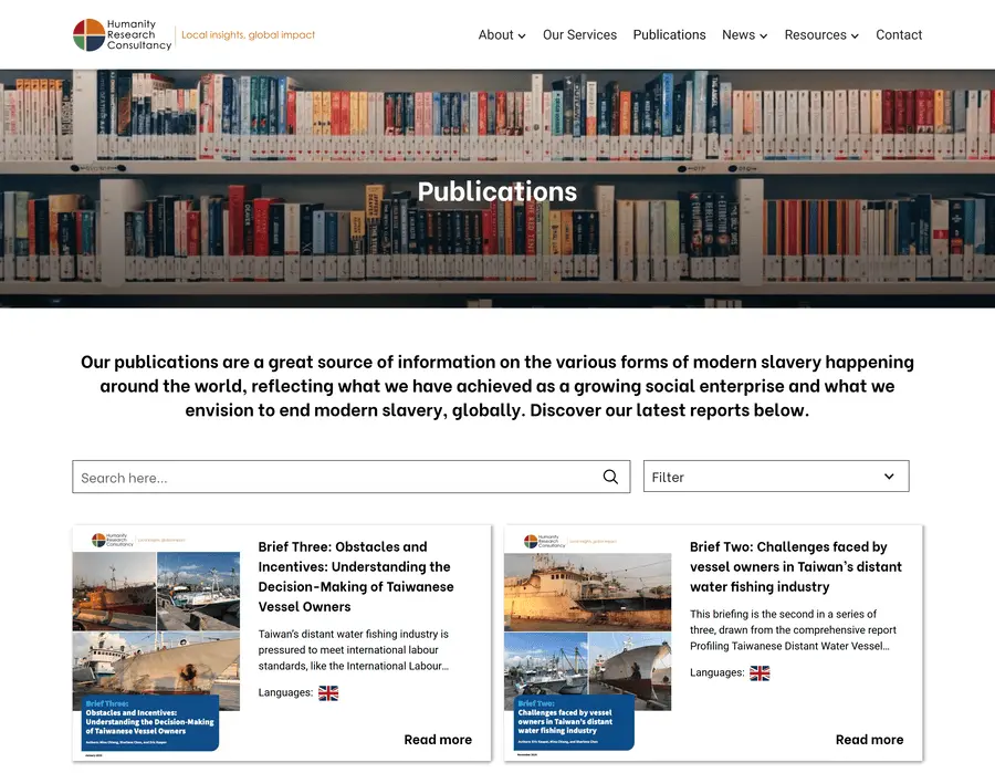 The publications page of the HRC website with a search bar and filter.