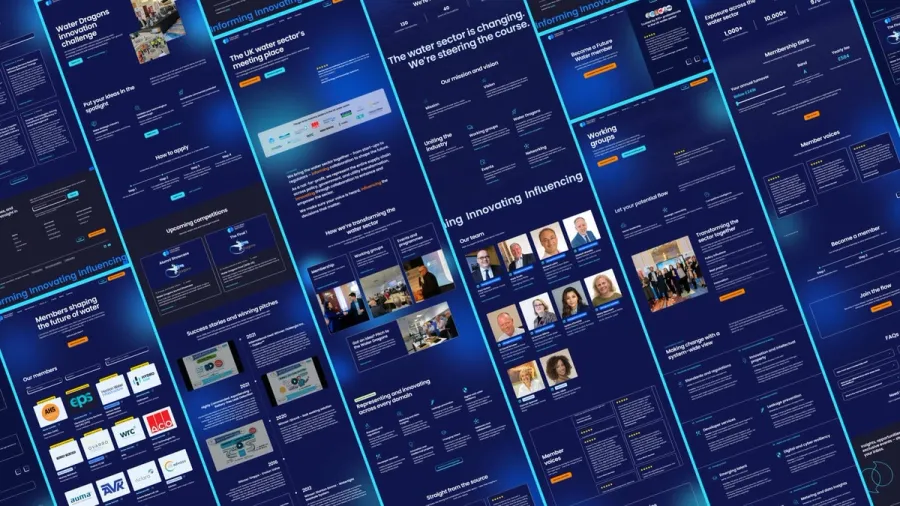 Website designs for Future Water Association, showing several page designs mocked up including the homepage, about page and service pages