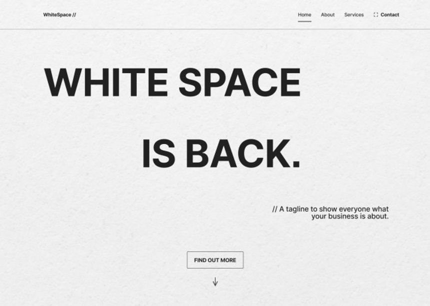 A hero section saying "White space is back" in a very spacious style to represent minimalism.