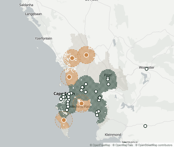 Map of Cape Town showing neighbourhoods already within 10 km of a Plato café and those newly reached by five proposed cafés.