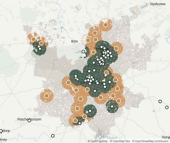 Map of Gauteng showing existing Plato coverage and the areas newly reached by cafés placed at real retail locations.