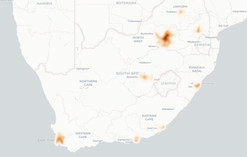 Heat map of mean household income across South Africa, concentrated in the major metros.