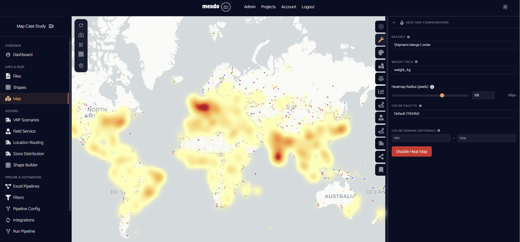 Heatmap of countries around the world with a highlight around the Europe area