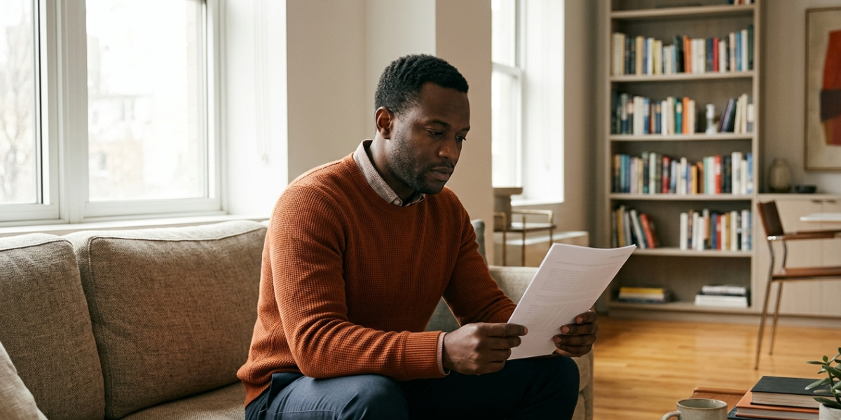 Man sitting in couch reading a Digital Nomad Visa requerimiento