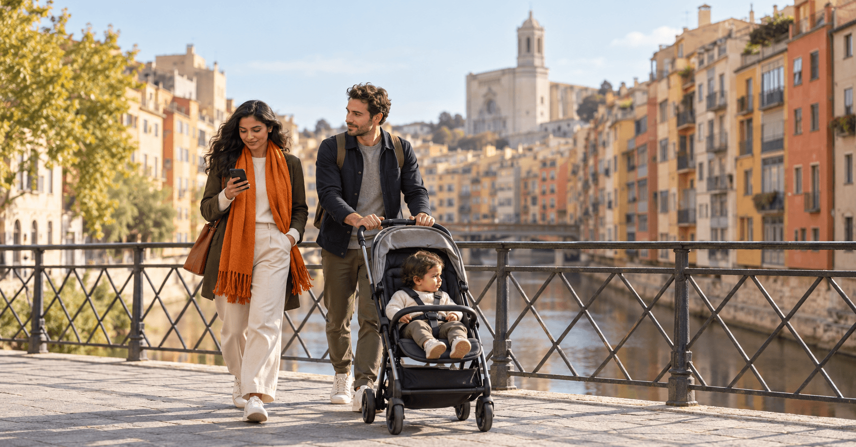 Pareja con un niño pequeño cruzando un puente del casco antiguo de Girona mientras ella lee la respuesta de su empresa sobre teletrabajar desde España con la Visa de Nómada Digital