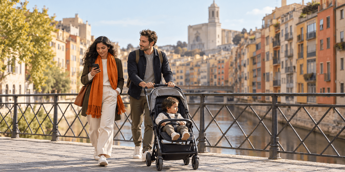 Pareja con un niño pequeño cruzando un puente del casco antiguo de Girona mientras ella lee la respuesta de su empresa sobre teletrabajar desde España con la Visa de Nómada Digital