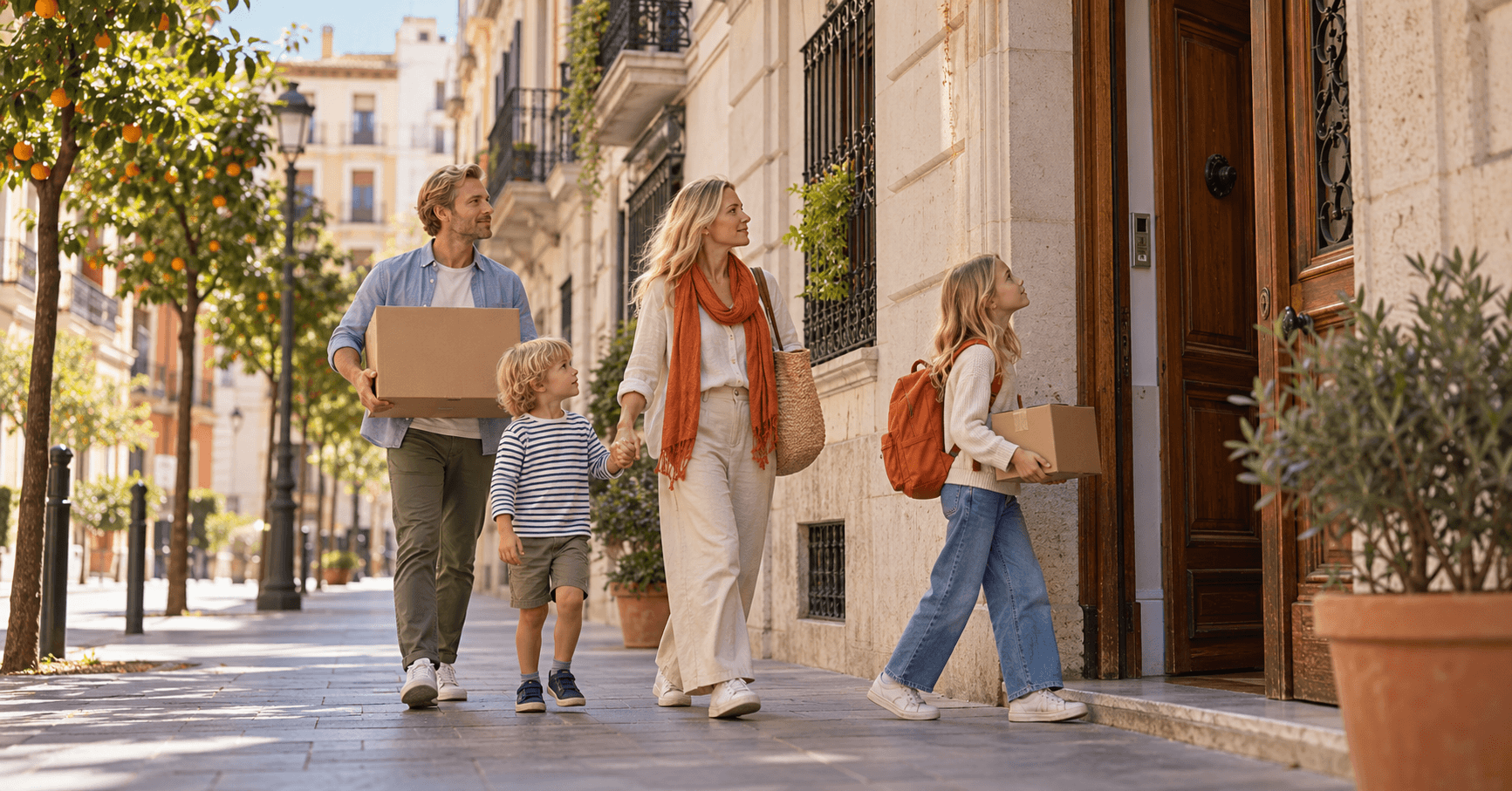 British family with two children carrying moving boxes into their new home on a quiet street in Valencia, Spain, on the day they move from the UK
