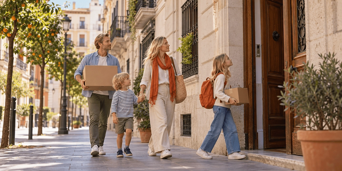 British family with two children carrying moving boxes into their new home on a quiet street in Valencia, Spain, on the day they move from the UK