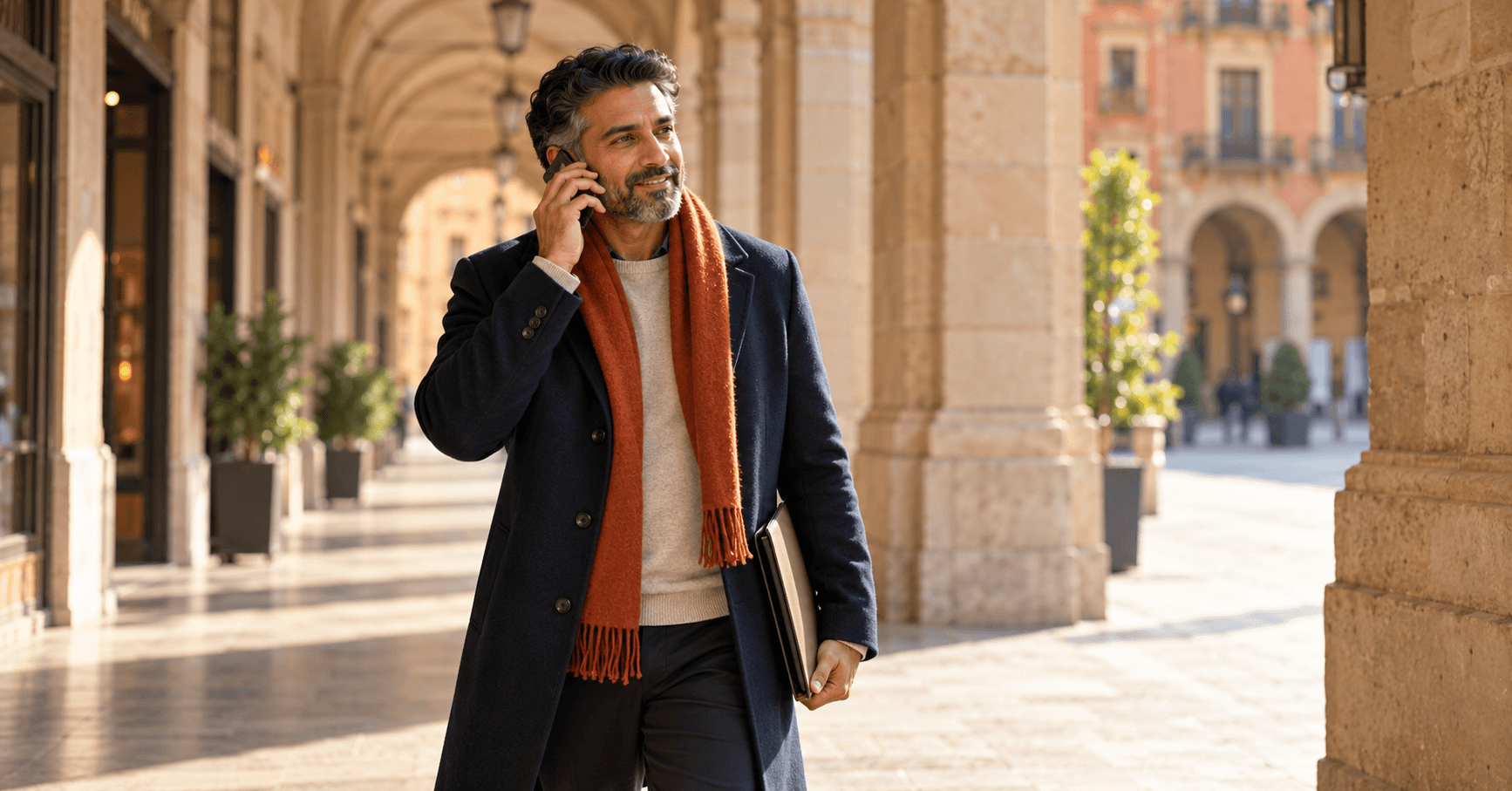 Empresario británico hablando por teléfono con su contable mientras camina por una calle porticada de Zaragoza, poniendo al día las presentaciones de su empresa antes de solicitar la Visa de Nómada Digital de España