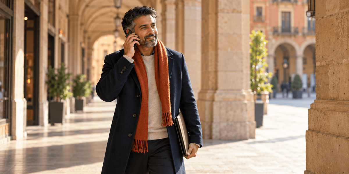 Empresario británico hablando por teléfono con su contable mientras camina por una calle porticada de Zaragoza, poniendo al día las presentaciones de su empresa antes de solicitar la Visa de Nómada Digital de España