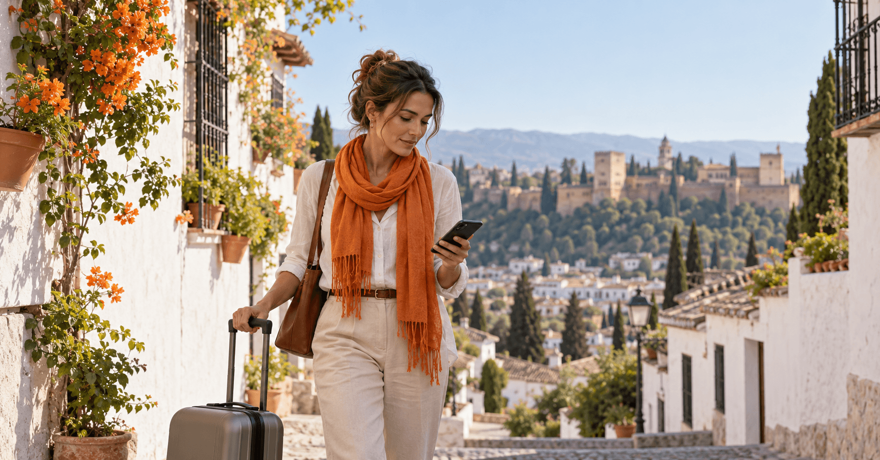 Profesional detenida en una escalera empedrada de Granada con una maleta de cabina, consultando el móvil antes de decidir si viaja mientras su visa de nómada digital está en trámite