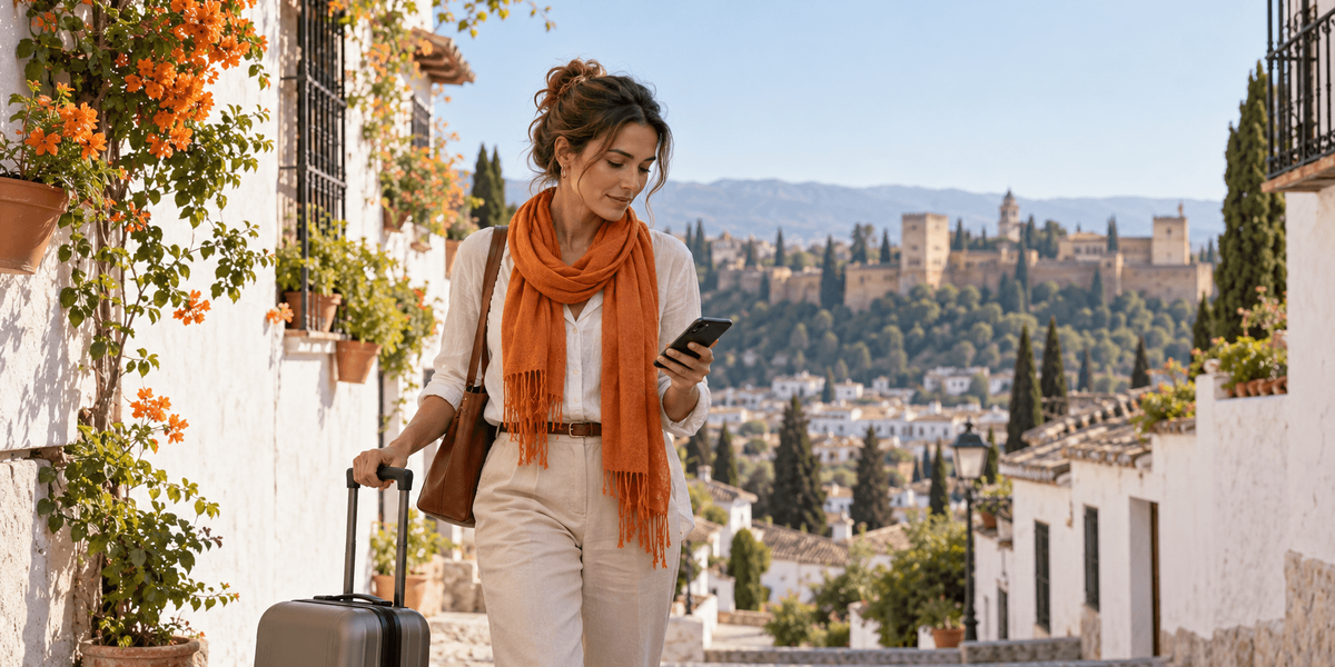 Profesional detenida en una escalera empedrada de Granada con una maleta de cabina, consultando el móvil antes de decidir si viaja mientras su visa de nómada digital está en trámite