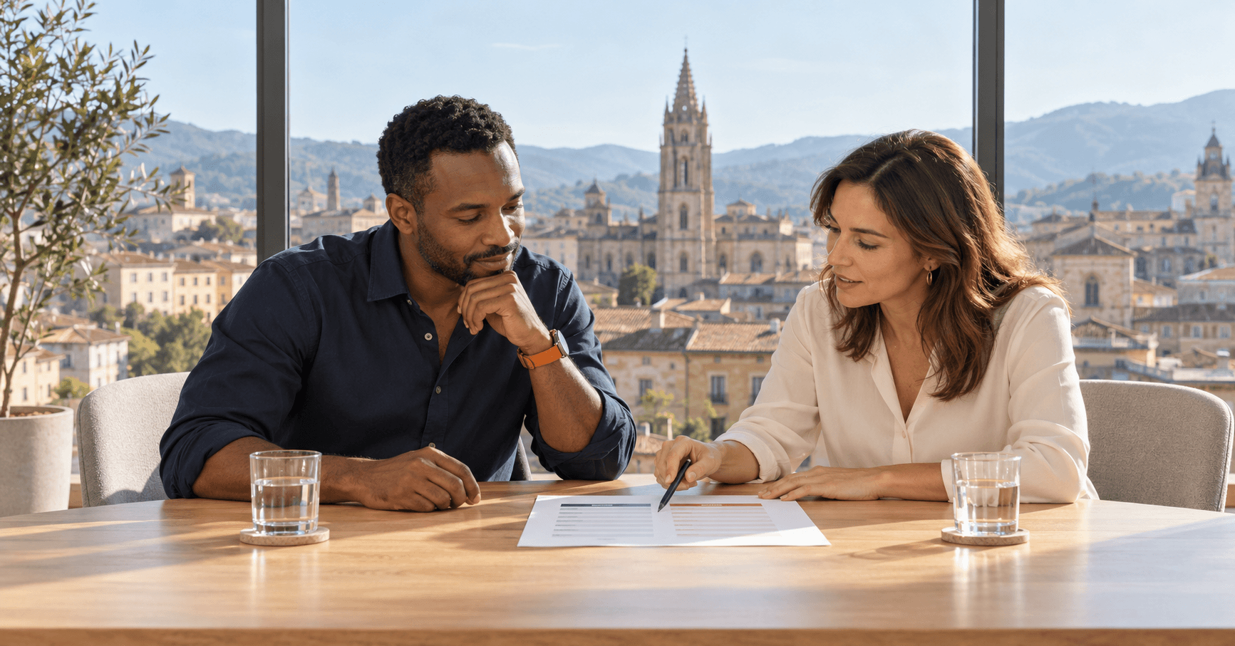 Professional reviewing two options with an adviser in a bright meeting room overlooking Oviedo's old town