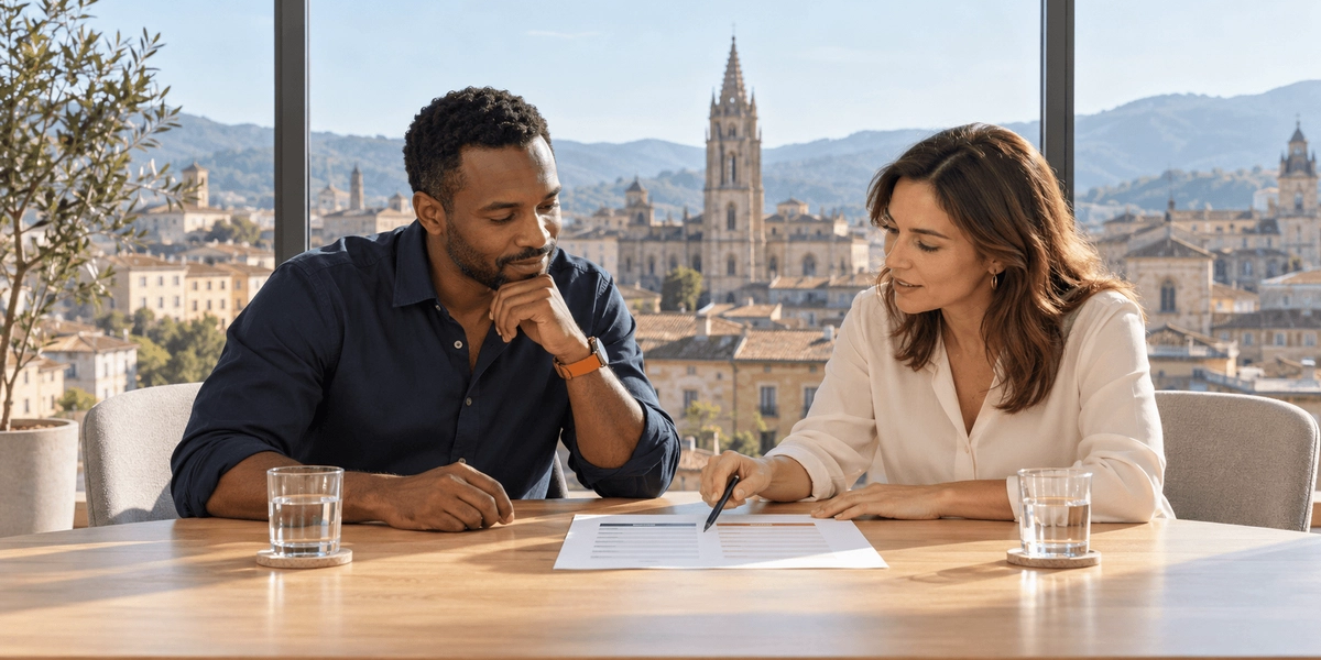 Professional reviewing two options with an adviser in a bright meeting room overlooking Oviedo's old town