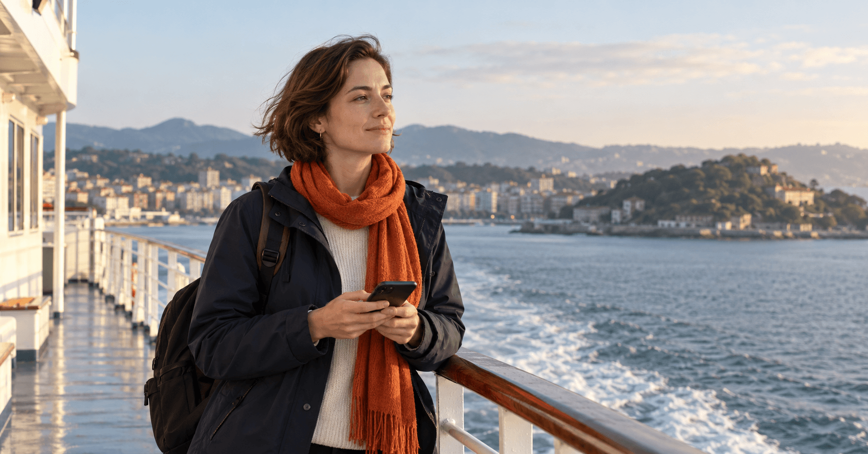 Mujer británica en la cubierta de un ferry que llega a la bahía de Santander, revisando la tarjeta de embarque en su móvil antes de solicitar la Visa de Nómada Digital desde España