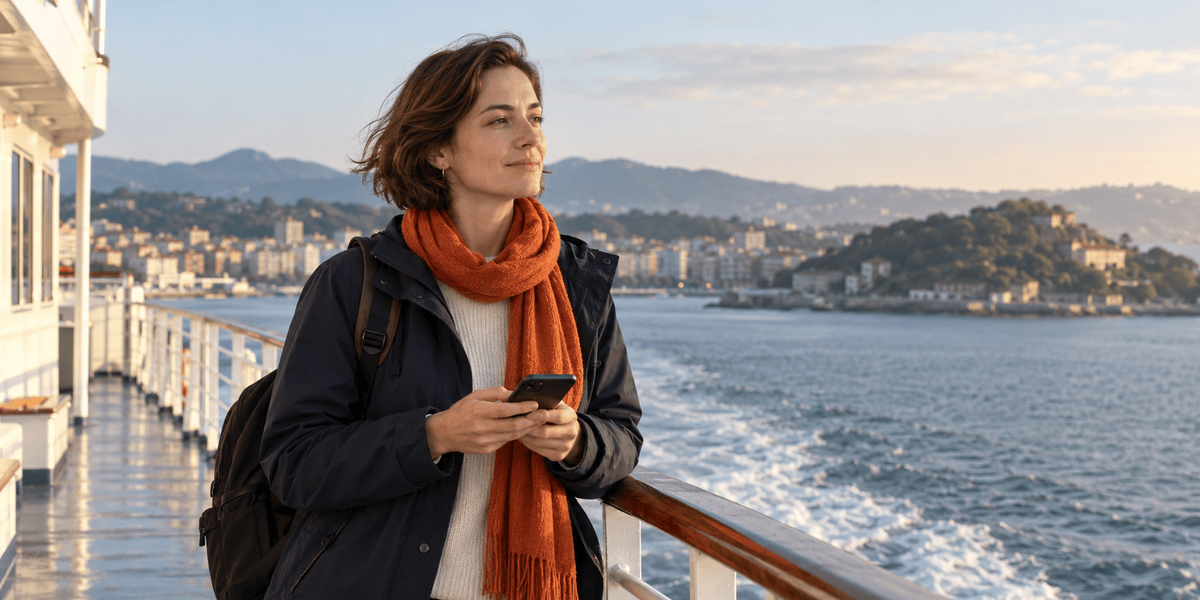 Mujer británica en la cubierta de un ferry que llega a la bahía de Santander, revisando la tarjeta de embarque en su móvil antes de solicitar la Visa de Nómada Digital desde España
