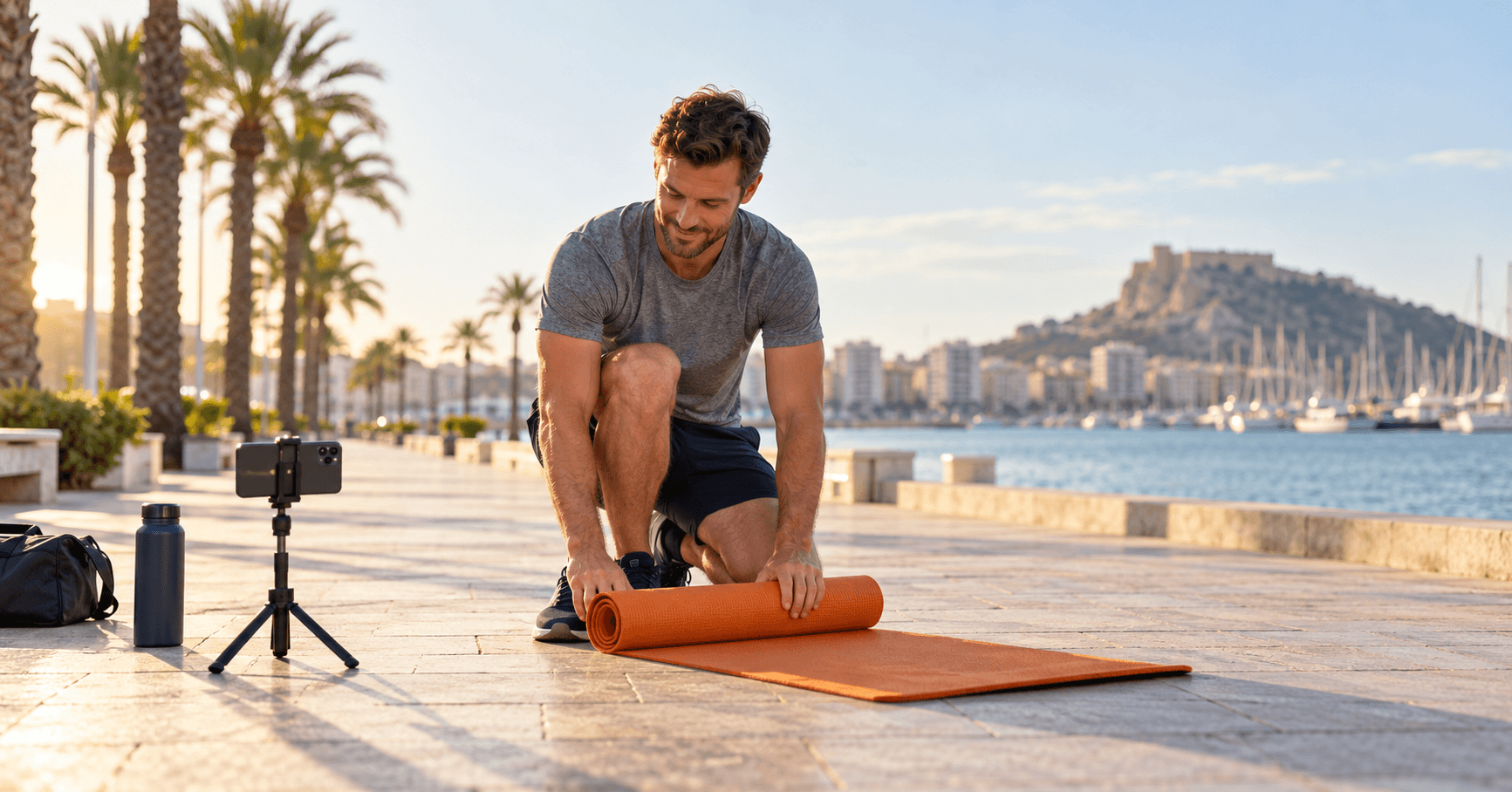 Entrenador personal freelance enrollando su esterilla en un paseo marítimo de Alicante tras una sesión online con un cliente particular, el tipo de ingreso que la Visa de Nómada Digital de España no cuenta