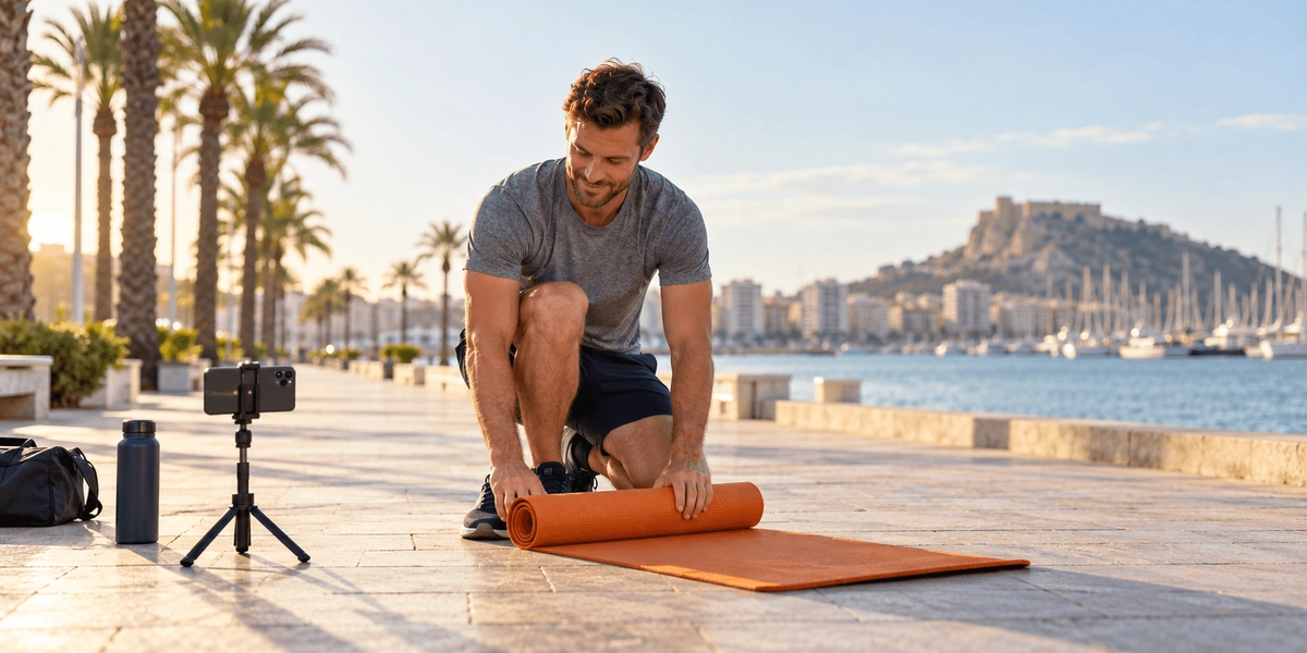 Entrenador personal freelance enrollando su esterilla en un paseo marítimo de Alicante tras una sesión online con un cliente particular, el tipo de ingreso que la Visa de Nómada Digital de España no cuenta