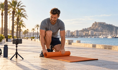 Entrenador personal freelance enrollando su esterilla en un paseo marítimo de Alicante tras una sesión online con un cliente particular, el tipo de ingreso que la Visa de Nómada Digital de España no cuenta