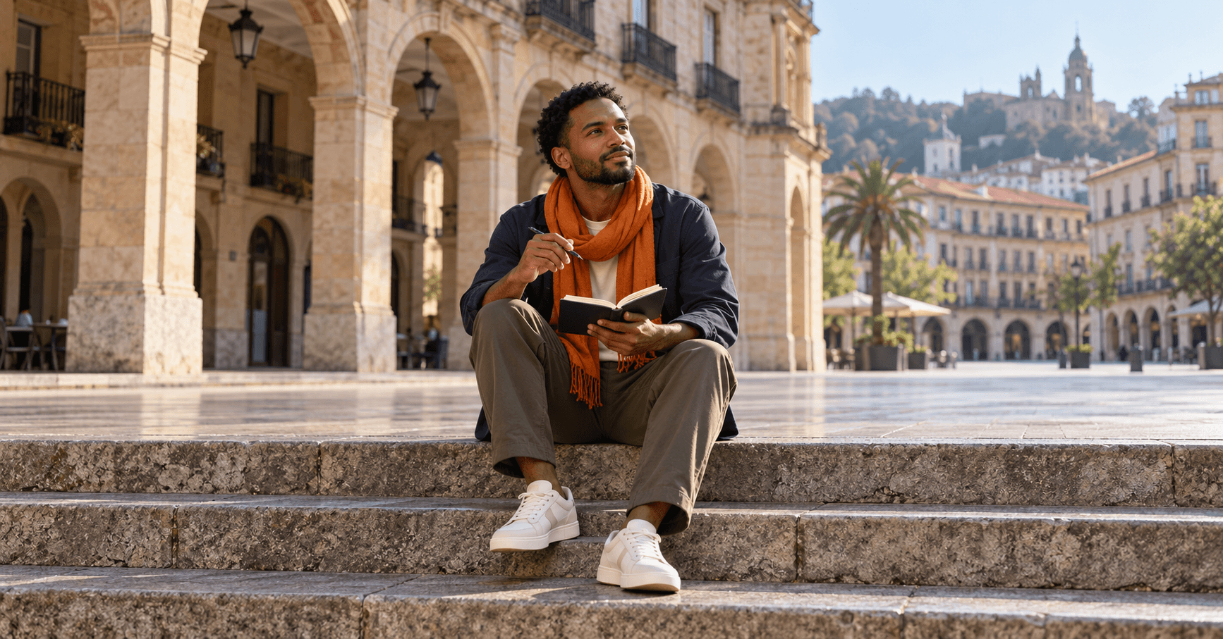 Joven profesional sentado en los escalones de piedra de una plaza de Bilbao con una libreta de bolsillo, aprendiendo los términos de la Visa Nómada Digital de España
