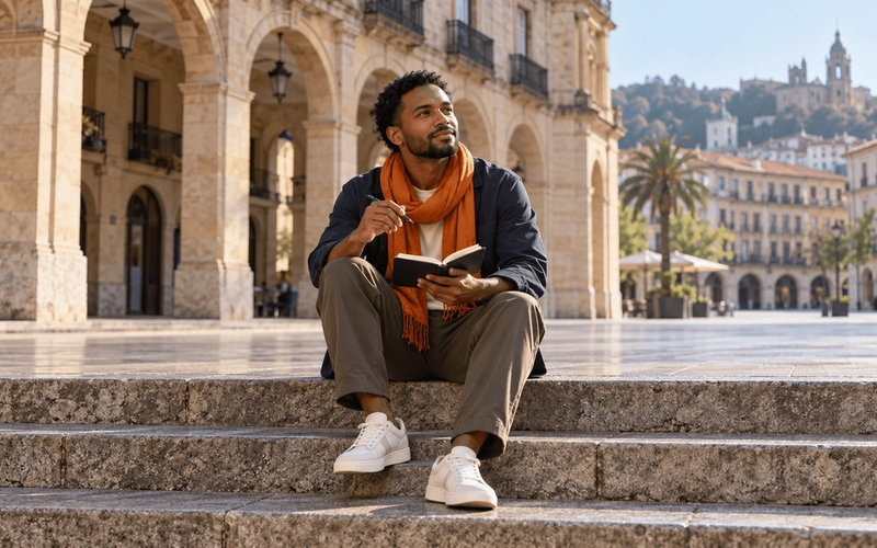 Joven profesional sentado en los escalones de piedra de una plaza de Bilbao con una libreta de bolsillo, aprendiendo los términos de la Visa Nómada Digital de España