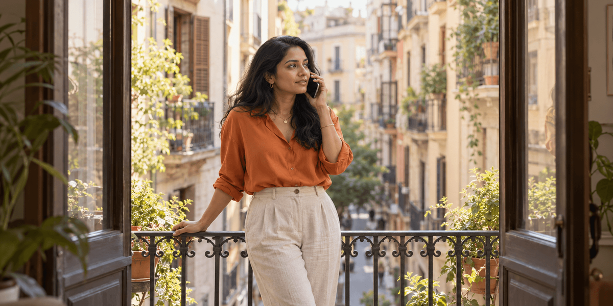 Mujer atendiendo una llamada en el balcón de su piso en el barrio de Gràcia, en Barcelona, hablando de la carta del empleador para su Visa de Nómada Digital de España