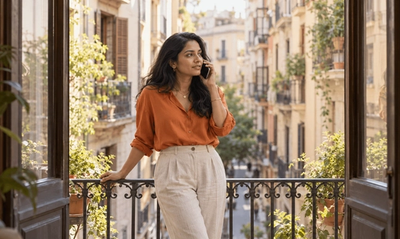 Mujer atendiendo una llamada en el balcón de su piso en el barrio de Gràcia, en Barcelona, hablando de la carta del empleador para su Visa de Nómada Digital de España